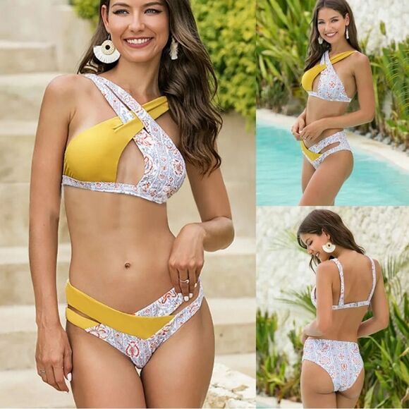 SHEIN Cross Split Strap Two Piece Bikini Yellow Floral Colorblock Women’s Size M - Picture 2 of 10